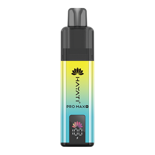 A Hayati Pro Max+ 4000 vape device featuring a vibrant yellow-to-blue gradient body with a black mouthpiece and a digital screen at the bottom.