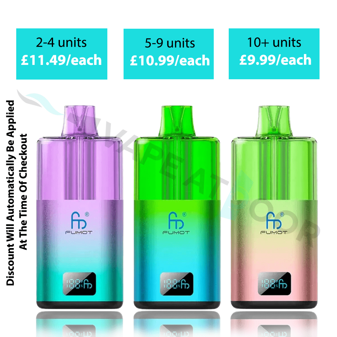 Three Fumot RandM Spirit 25k Prefilled Pod Kit with digital displays on a white background, accompanied by pricing information.