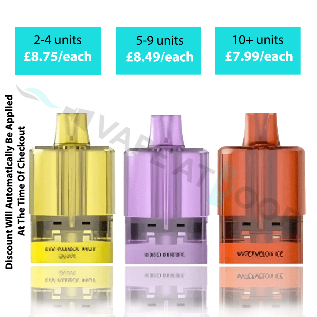 Three Fumot RandM Spirit 25k Prefilled Replacement Pods in yellow, purple, and orange with pricing and discount information on a white background.