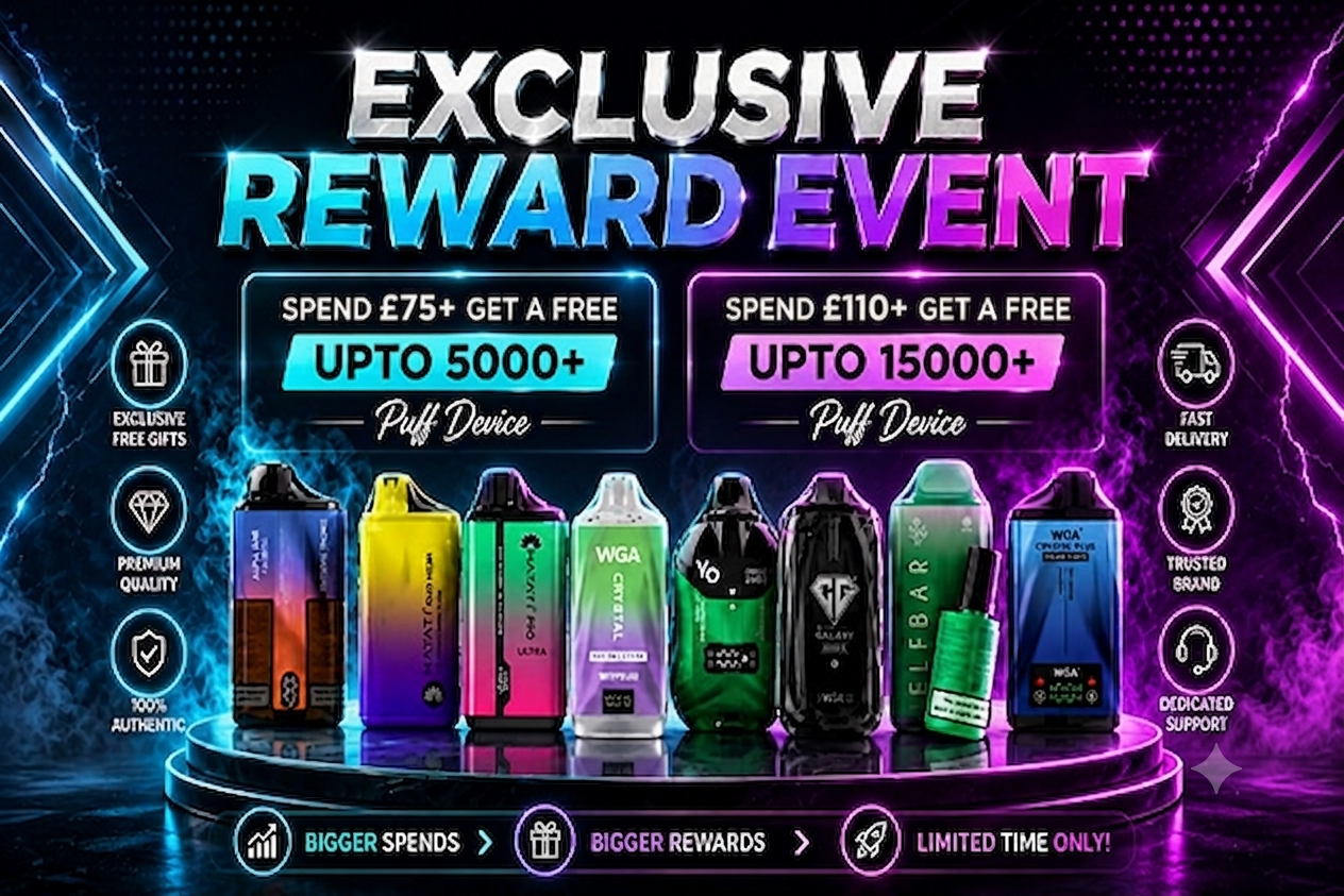 Promotional graphic for an exclusive reward event with vape devices and text about rewards.