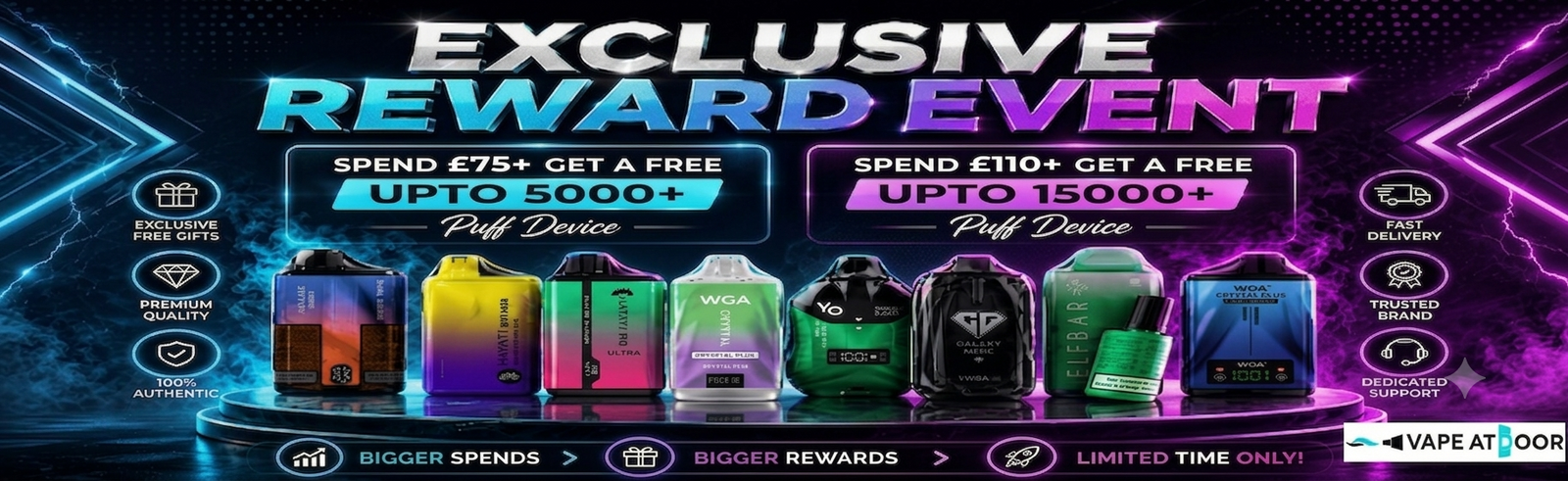 Promotional banner for an exclusive reward event with vape devices displayed.