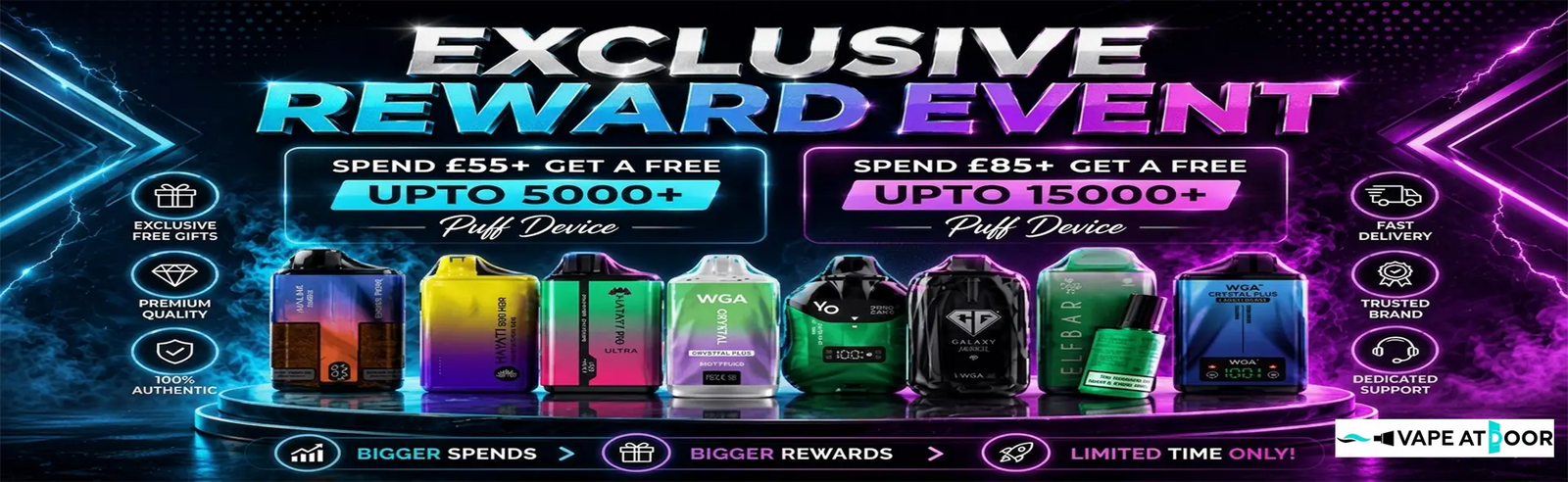 Promotional banner for an exclusive reward event with vape devices displayed, Vape At Door UK.