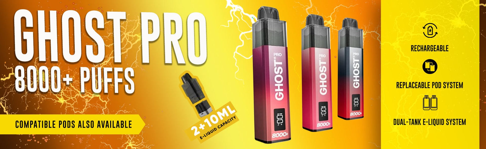 Ghost Pro vape device with text on a yellow background
