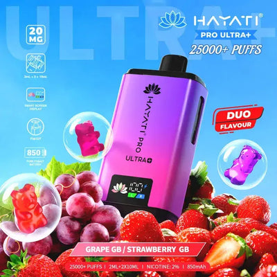 Hayati Pro Ultra Plus 25000 Grape & Strawberry Gummy Bear Dual Kit with sweet grape and strawberry candy.