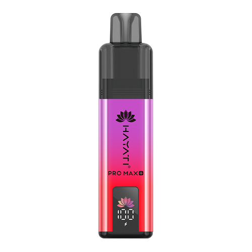 A Hayati Pro Max+ 4000 vape device with a vibrant pink-to-red gradient body, black mouthpiece, and a digital screen at the bottom.