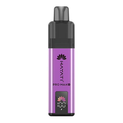 A purple and black Hayati Pro Max+ 4000 vape device with a digital display showing 100% battery, set against a plain white background.
