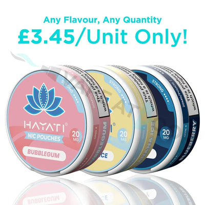Three containers of Hayati Nicotine Pouches SNUS 12 / 20MG with different flavors on a white background.