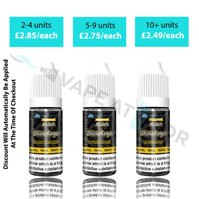 Hayati Pro Max Shisha Nic Salt 10mg and 20mg bottles on a white background with Vape At Door UK watermark, showing multibuy deal promotion.