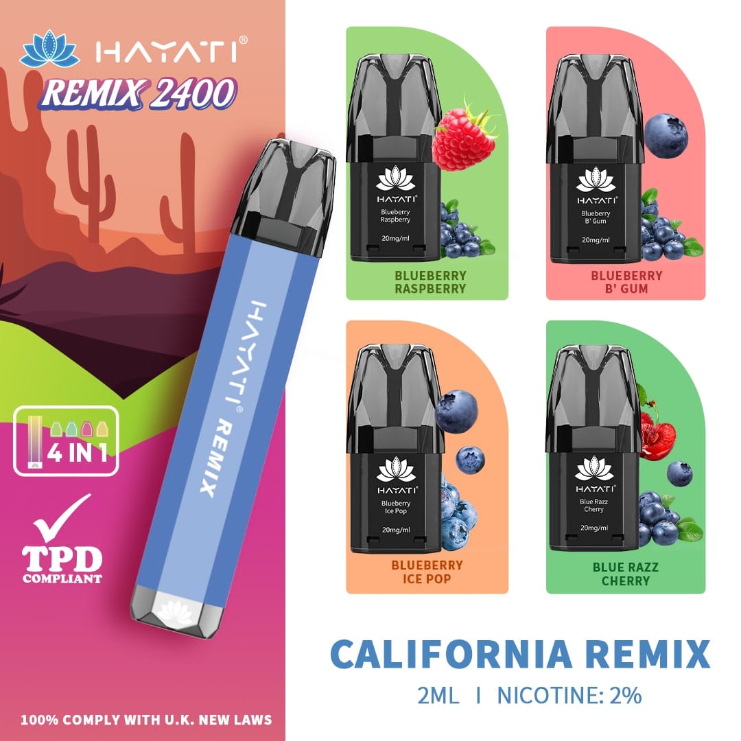 Hayati Remix California Remix Starter Kit Includes Blueberry Raspberry, Blueberry B'Gum, Blueberry Ice Pop and Blue Razz Cherry