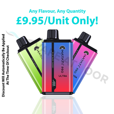 Product advertisement for "Hayati Pro Ultra 15000" vapes promoting a flat rate of £9.95/Unit Only for "Any Flavour, Any Quantity." Three rectangular vape devices are fanned out below the text: a green device labeled "Apple Mojito," a blue-to-red gradient device labeled "Blue Razz Cherry," and a pink-to-blue gradient device labeled "Blue Razz Cherry." Text on the far left notes that discounts are automatically applied at checkout.