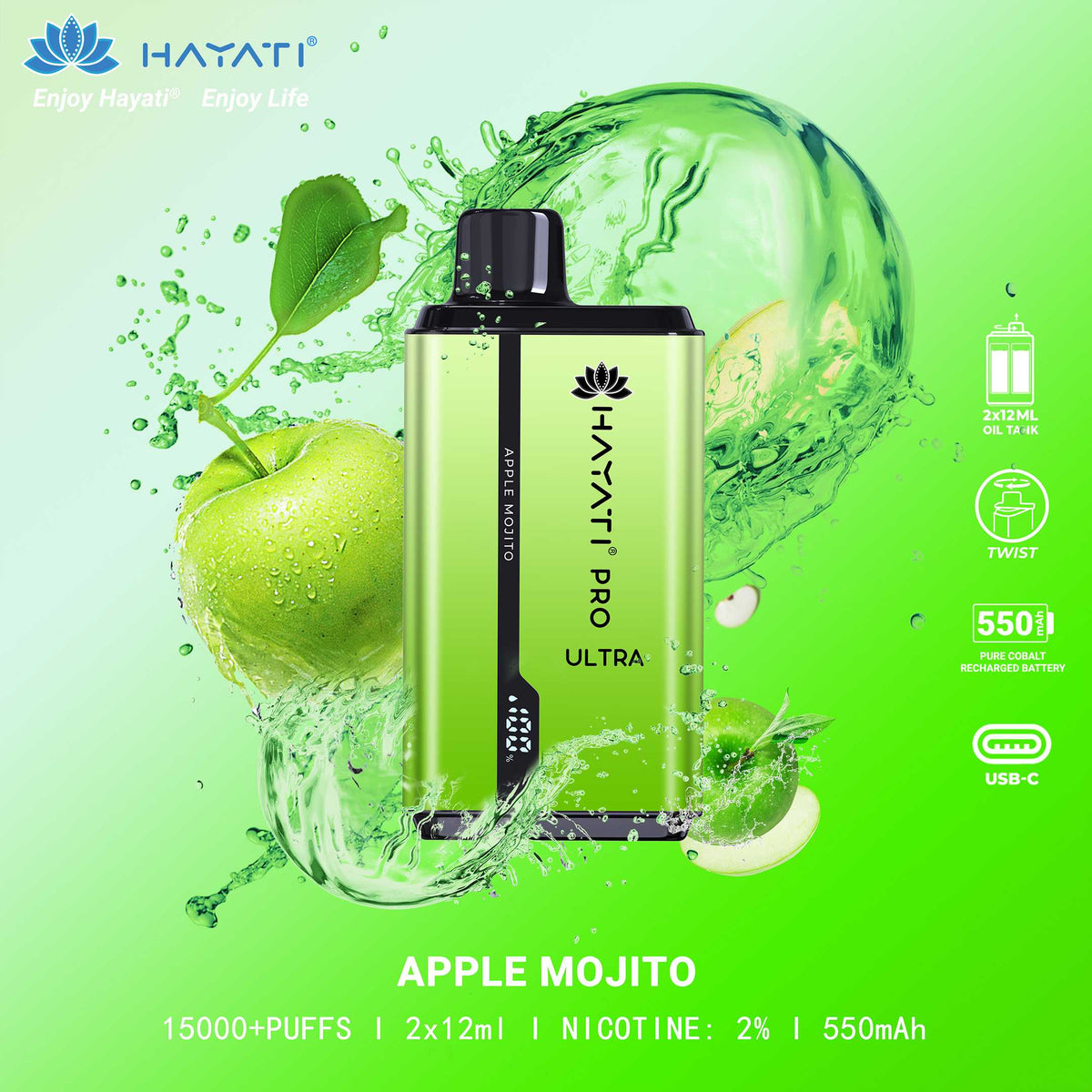 Hayati Pro Ultra 15000 Puffs Disposable Vape in Apple Mojito flavor – a refreshing blend of mint and apple.
