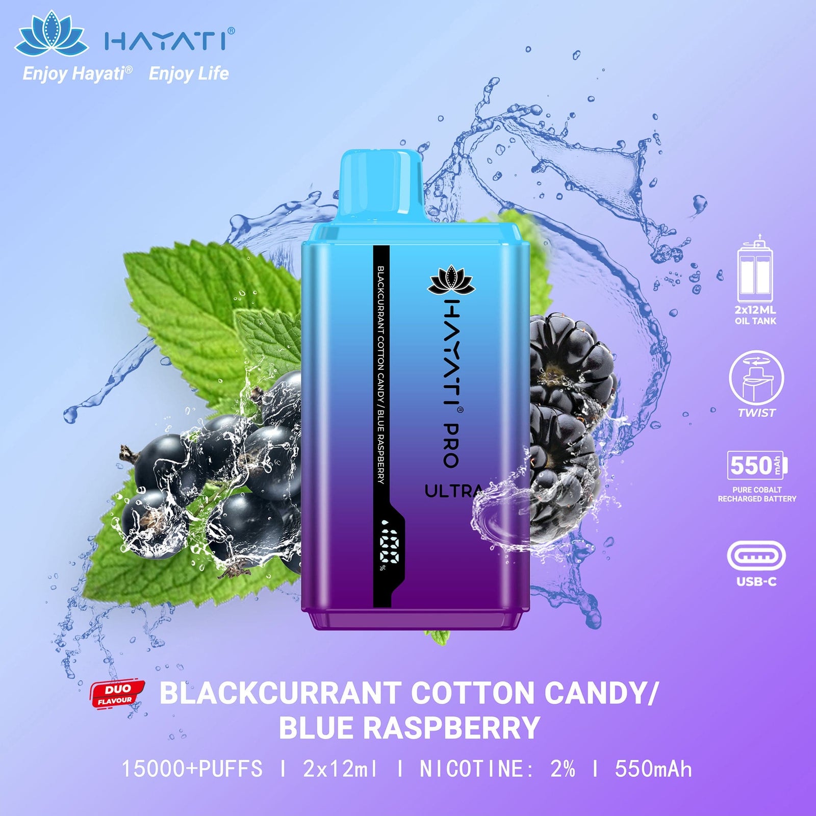 Hayati Pro Ultra 15000 Puffs Disposable Vape with Blackcurrant Cotton Candy and Blue Raspberry flavors for a sweet vaping experience.