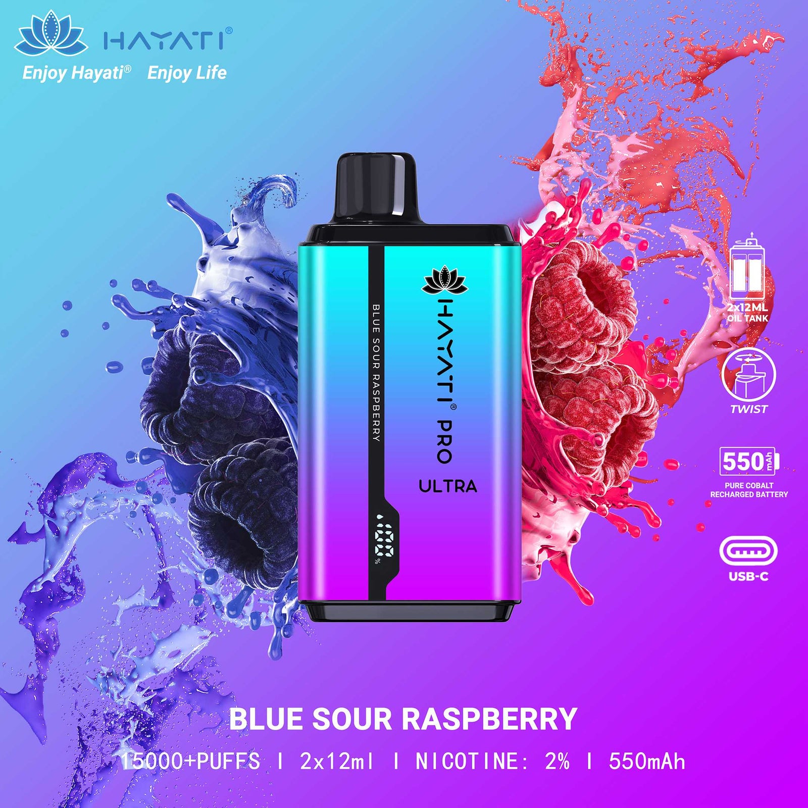 Hayati Pro Ultra 15000 Puffs Disposable Vape in Blue Sour Raspberry – a tangy and refreshing berry taste.