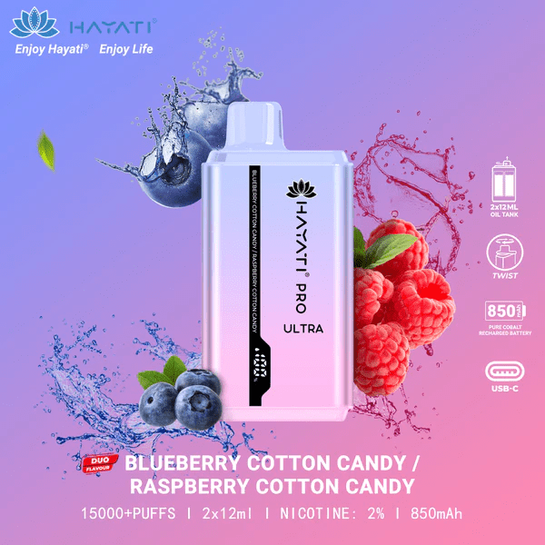 Hayati Pro Ultra 15000 Puffs Disposable Vape featuring Blueberry Cotton Candy and Raspberry Cotton Candy – sweet and smooth vaping.