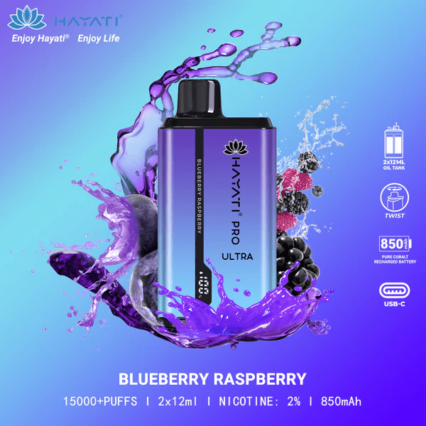 Hayati Pro Ultra 15000 Puffs Disposable Vape featuring Blueberry Raspberry flavor for a classic berry duo.