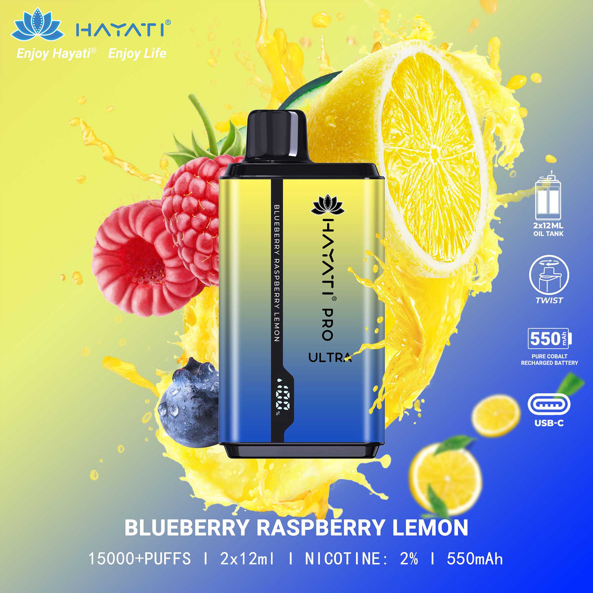Hayati Pro Ultra 15000 Puffs Disposable Vape featuring Blueberry Raspberry Lemon for a citrusy berry mix.