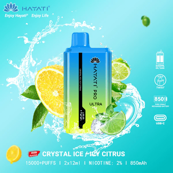 Hayati Pro Ultra 15000 Puffs Disposable Vape in Crystal Ice and Icy Citrus – a cool and zesty vape.