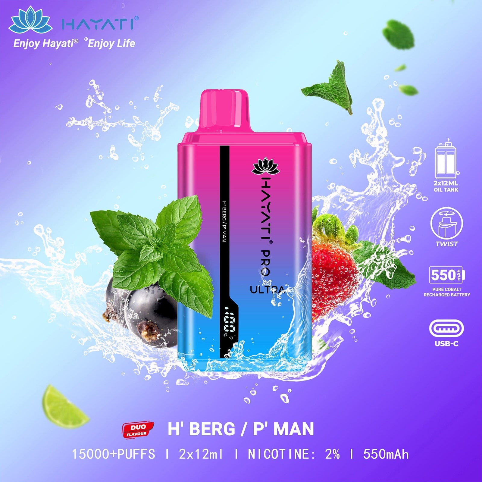 Hayati Pro Ultra 15000 Puffs Disposable Vape in H' Berg and P' Man flavors – a refreshing blend for vapers.