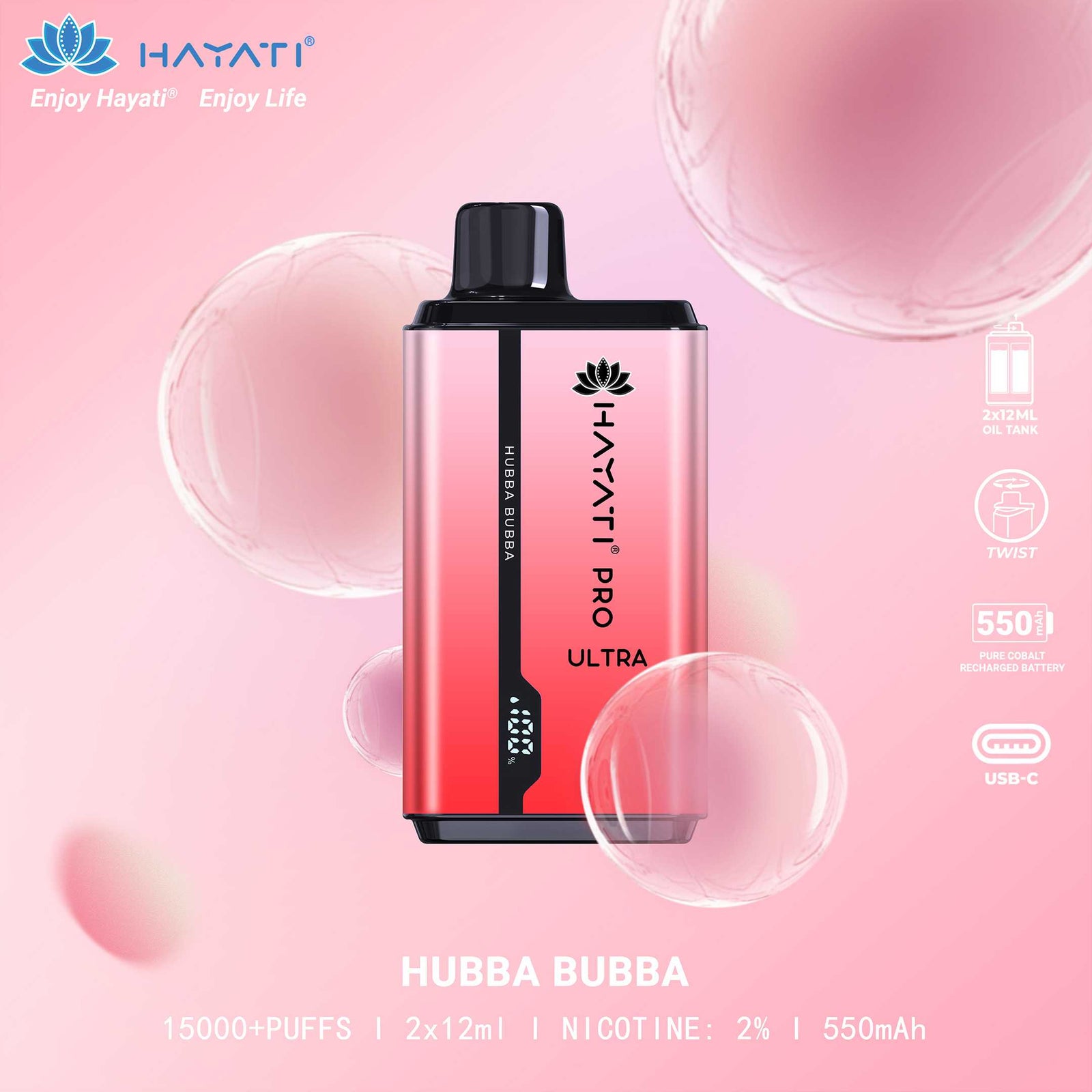 Hayati Pro Ultra 15000 Puffs Disposable Vape featuring Hubba Bubba bubblegum flavor – a sweet treat for candy lovers.