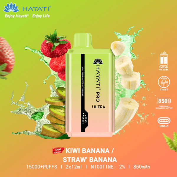 Hayati Pro Ultra 15000 Puffs Disposable Vape with Kiwi Banana and Strawberry Banana – a tropical delight.