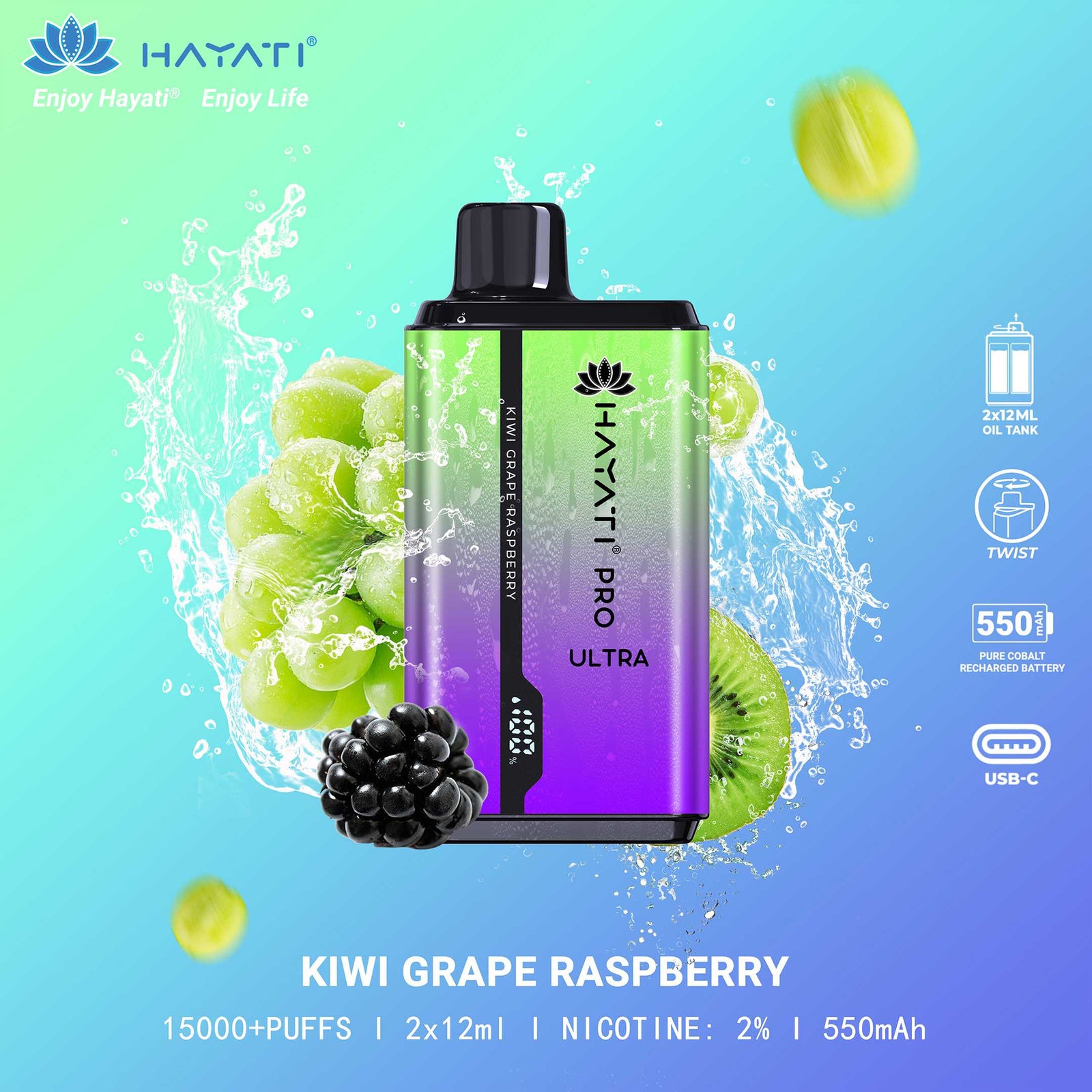 Hayati Pro Ultra 15000 Puffs Disposable Vape in Kiwi Grape Raspberry flavor – a sweet and tangy combo.