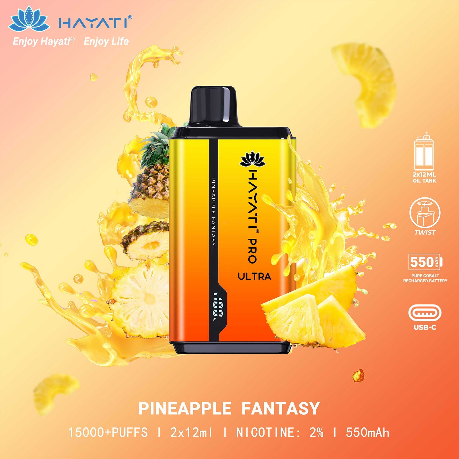 Hayati Pro Ultra 15000 Puffs Disposable Vape in Pineapple Fantasy – a tropical vaping experience.