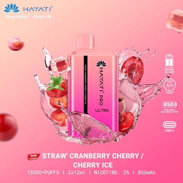 Hayati Pro Ultra 15000 Puffs Disposable Vape featuring Strawberry Cranberry Cherry and Cherry Ice flavors – a mix of sweet and icy notes.