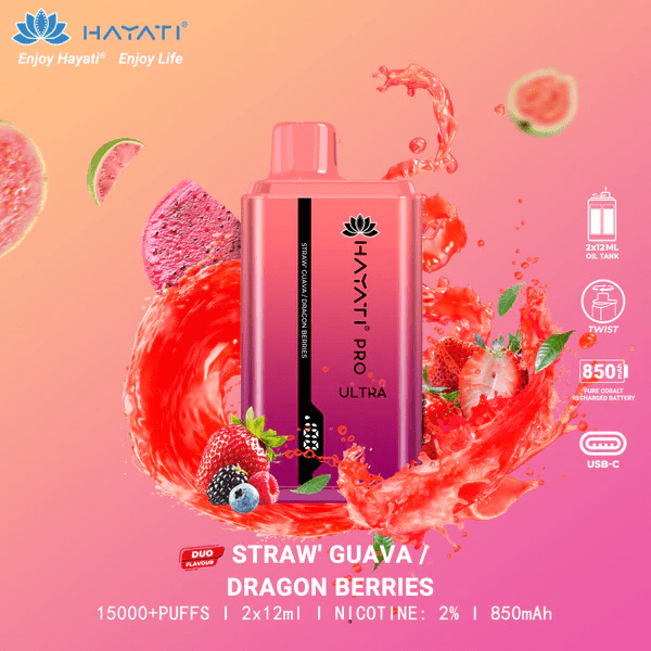 Hayati Pro Ultra 15000 Puffs Disposable Vape in Strawberry Guava and Dragon Berries – exotic fruity flavors.