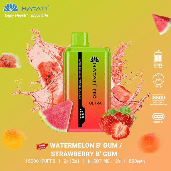 Hayati Pro Ultra 15000 Puffs Disposable Vape with Watermelon Bubblegum and Strawberry Bubblegum flavors for candy lovers.