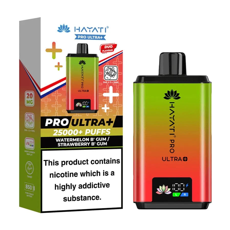 Three colorful hayati pro ultra plus 25000 prefilled pod kits with pricing and quantity discounts displayed on a white background.