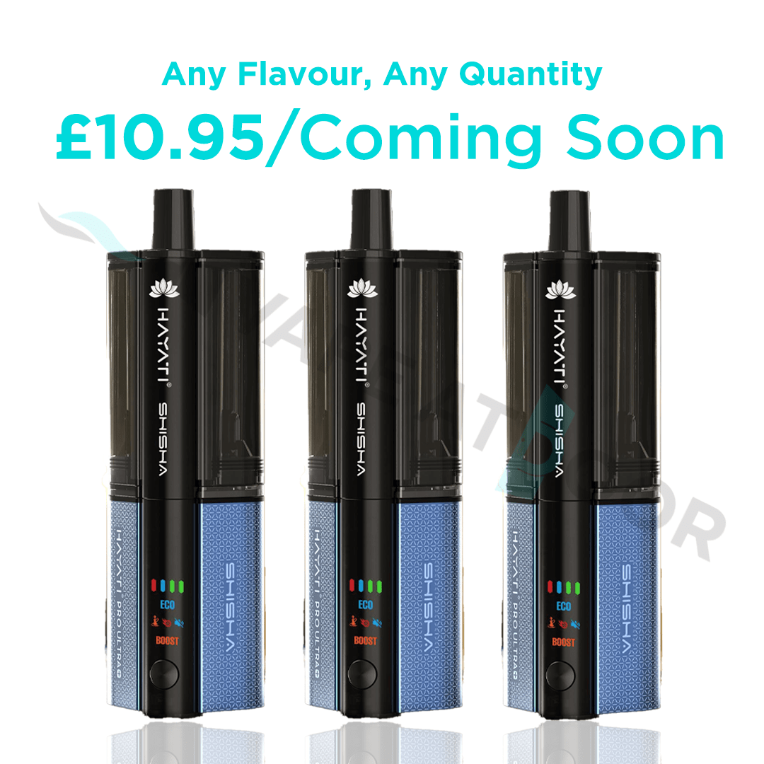 Three black and blue vape devices with 'Hayati Pro Ultra Plus Shisha'  branding and pricing mentioned £10.95 on a white background.