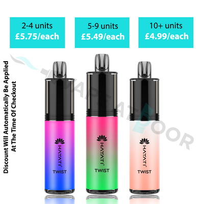 Three vape pod devices labeled HAYATI TWIST shown on a white background with pricing text above: 2-4 units for £5.75/each, 5-9 units for £5.