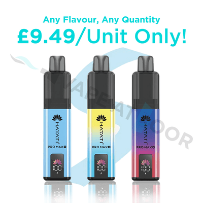 Three colorful vape devices with 'Hayati Pro Max Plus S 15000' branding on a white background, promotional text about price and quantity.