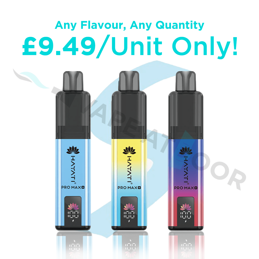 Three colorful vape devices with 'Hayati Pro Max Plus S 15000' branding on a white background, promotional text about price and quantity.