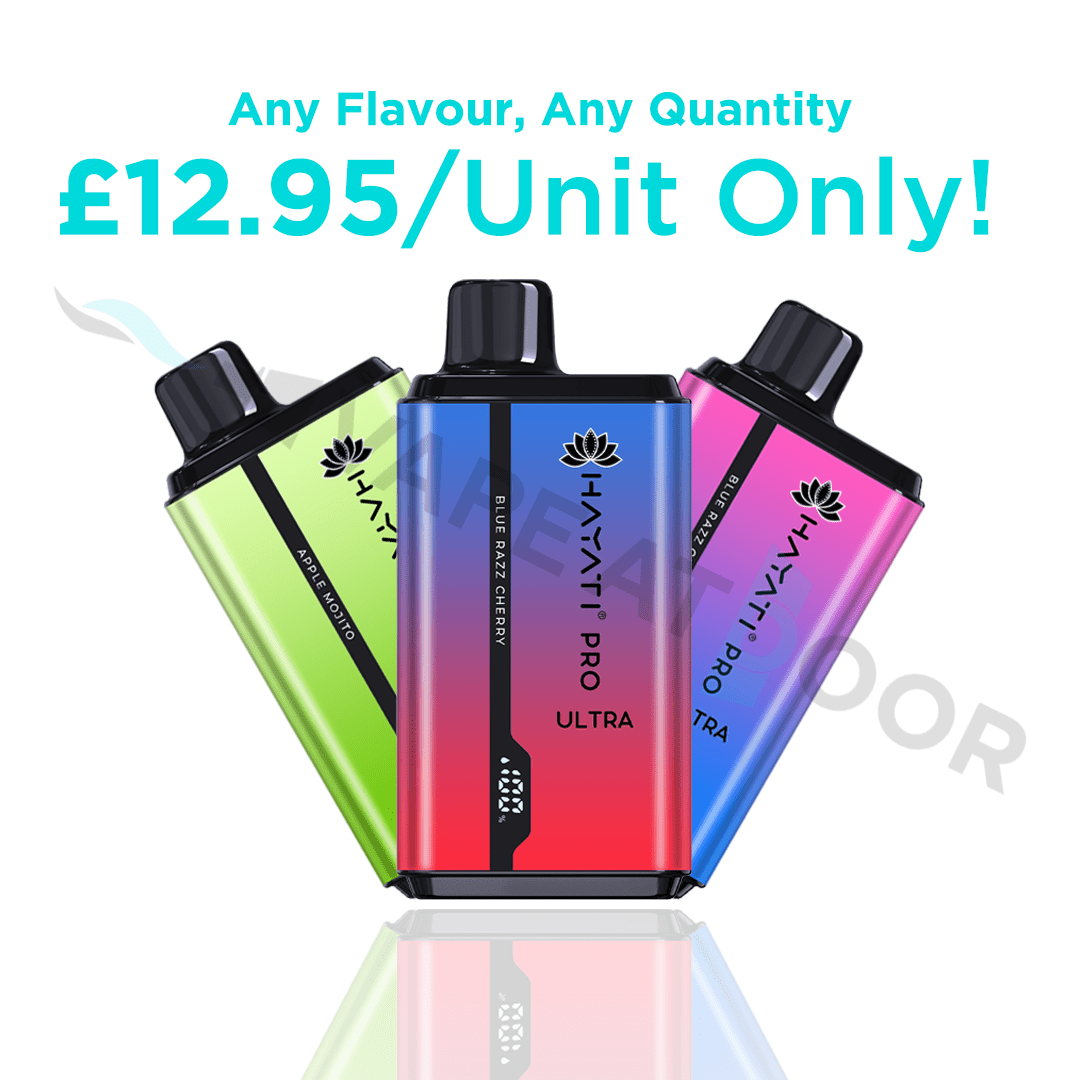 Three colorful vape devices with &#39;Hayati Pro Ultra 15000&#39; branding on a white background, promotional text displayed.