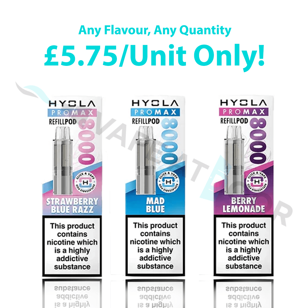 Three Hyola Pro Max refill pods with flavor options on a white background.