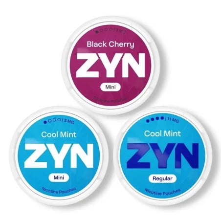 Three ZYN nicotine pouches in Black Cherry, Cool Mint Mini, and Cool Mint Regular flavors on a white background.