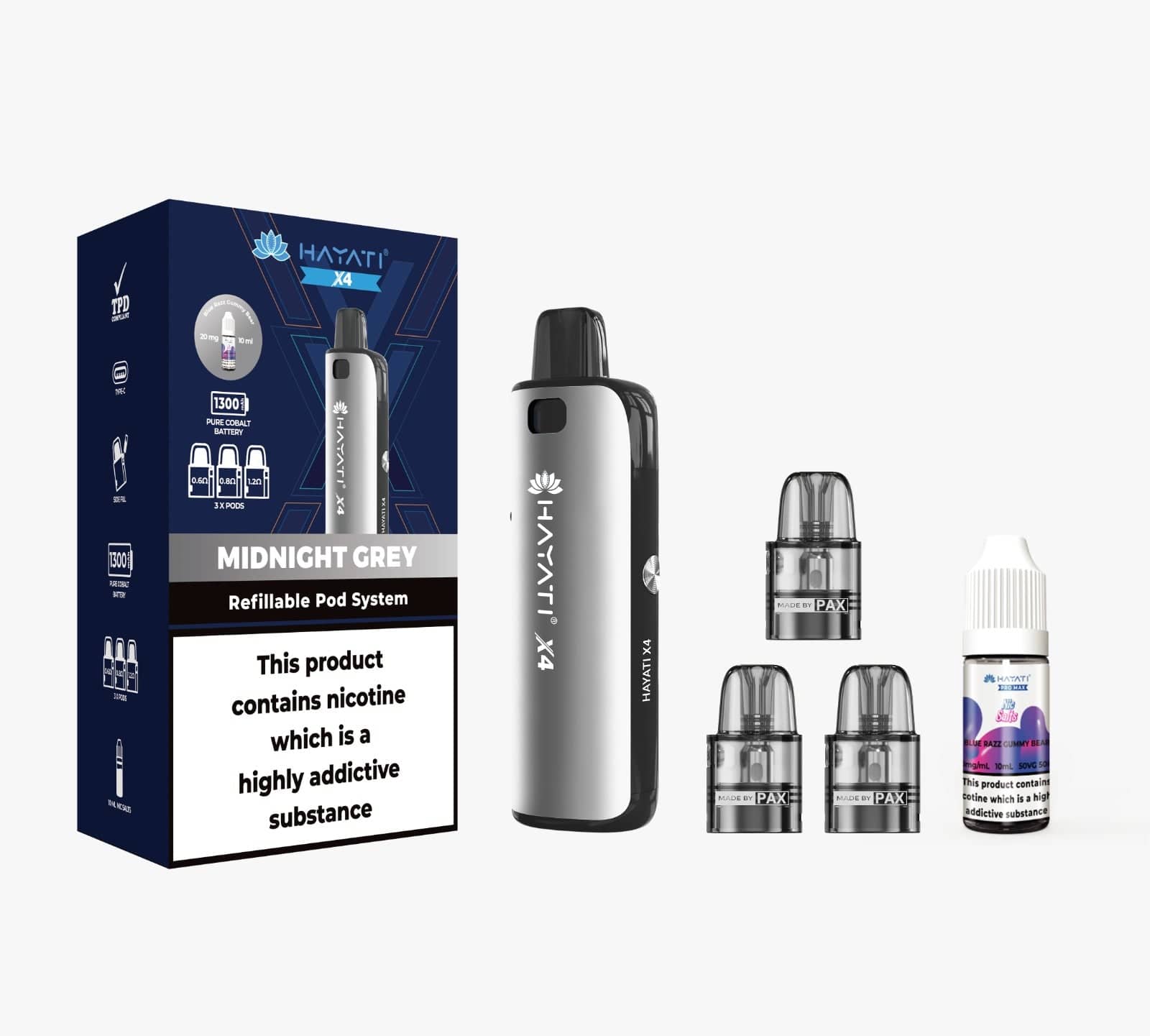 Hayati X4 Refillable Pod Kit in Midnight Grey – Elegant dark grey vape device with a sleek design and advanced performance.