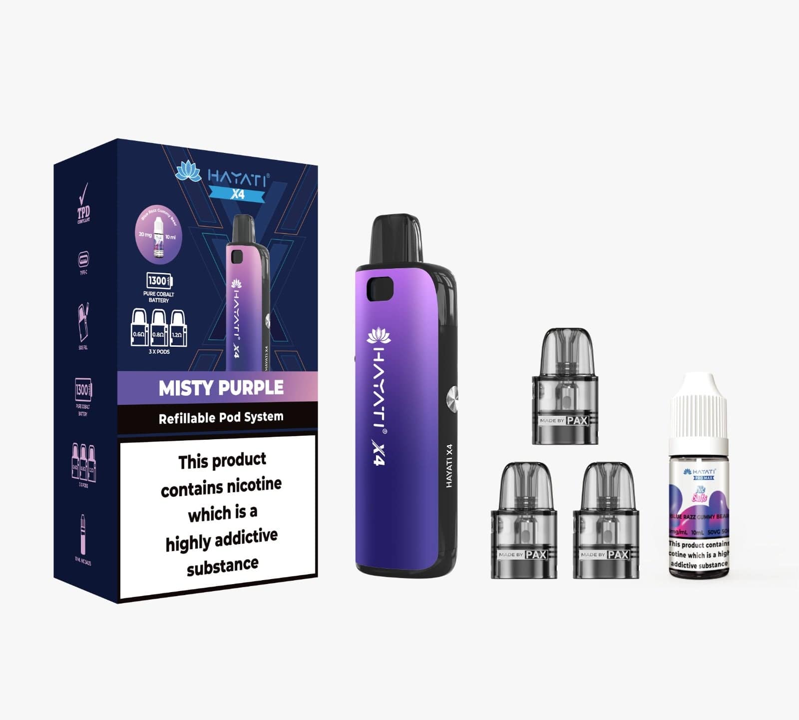 Hayati X4 Refillable Pod Kit in Misty Purple – Trendy purple refillable vape with a modern look and smooth vaping experience.