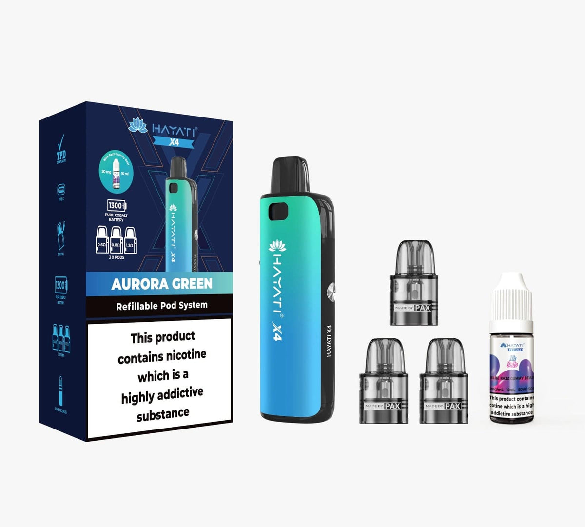 Hayati X4 Refillable Pod Kit in Aurora Green – Stylish green vape device with a premium finish and refillable pod system.