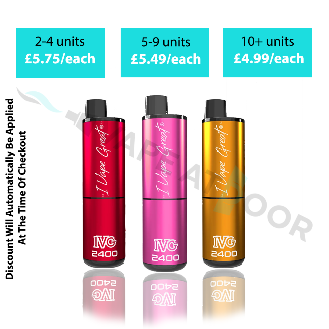Product promotion image for IVG 4 In 1 2400 Puffs vapes showing bulk tier pricing. At the top, three teal boxes list the discounts: 2 to 4 units for £5.75 each, 5 to 9 units for £5.49 each, and 10 or more units for £4.99 each. Below the pricing, three metallic vape pens are displayed side-by-side in red, pink, and gold. Each vape features the "I Vape Great" script logo and the "IVG 2400" brand name. Vertical text on the left reads, "Discount Will Automatically Be Applied At The Time Of Checkout.