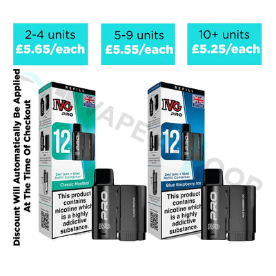 Two ivg pro 12 refill replacement pods with packaging and multibuy discount on a white background.
