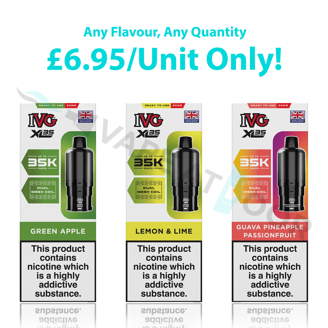 Three boxes of IVG XL 35K Prefilled Replacement Pods with flavor options and nicotine warning labels.