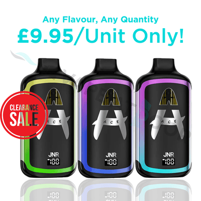 Three JNR Ace 36k Vape Devices with promotional Text & Clearance Sales Label on a White Background.