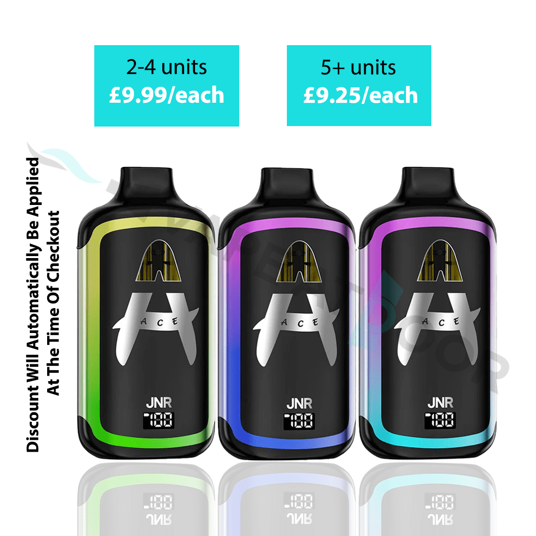 Three JNR Acem36k Prefilled devices with color-coded displays on a white background, showing pricing information.