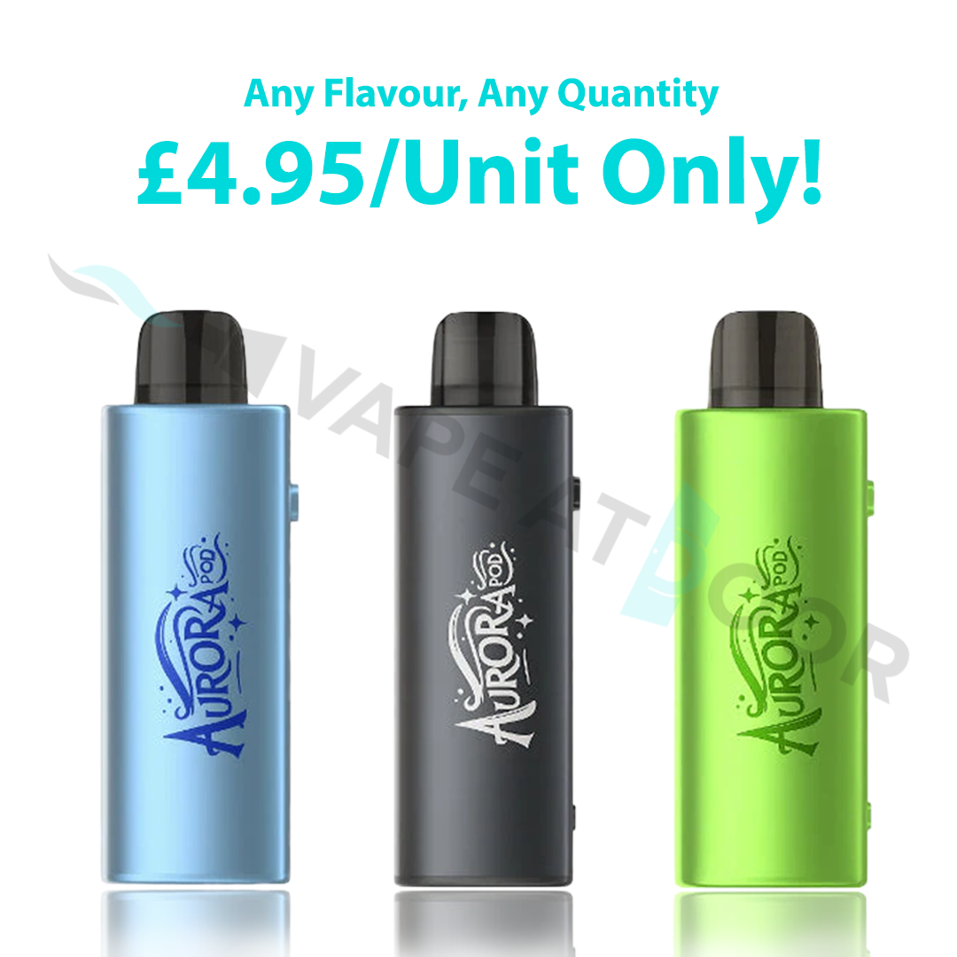Three JNR Aurora 30k Refill Pods in blue, black, and green on a white background with promotional text.