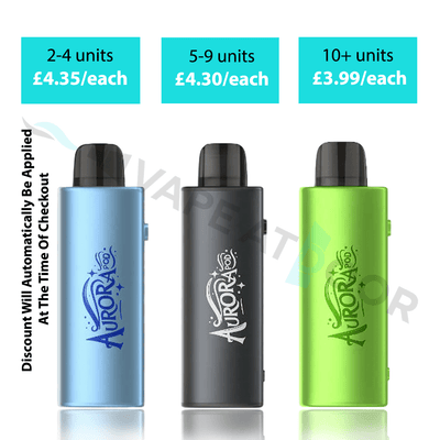 Three JNR Aurora 30k Prefilled Replacement Pods in blue, black, and green with pricing information on a white background.