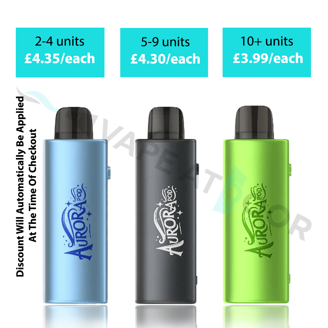 Three JNR Aurora 30k Prefilled Replacement Pods in blue, black, and green with pricing information on a white background.