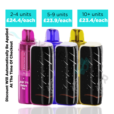 Three colorful JNR P4 Stellarc 100k vape devices with pricing and quantity discounts displayed on a white background.