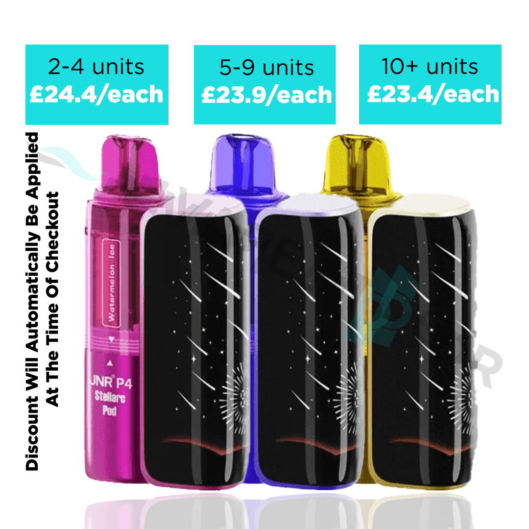 Three colorful JNR P4 Stellarc 100k vape devices with pricing and quantity discounts displayed on a white background.